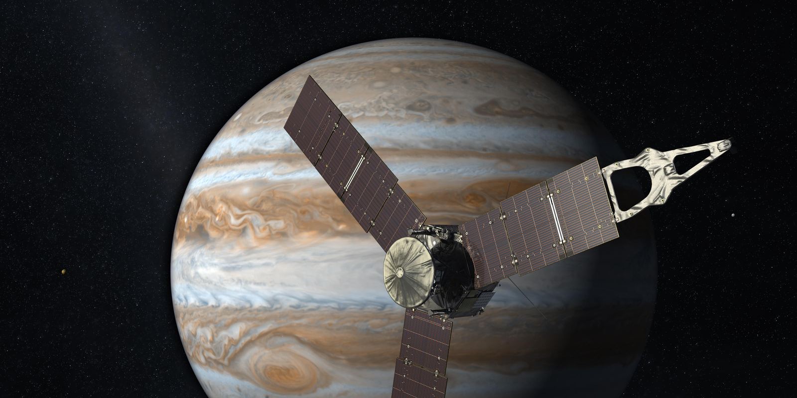 Artist's concept of the Juno spacecraft with three long solar arrays above Jupiter