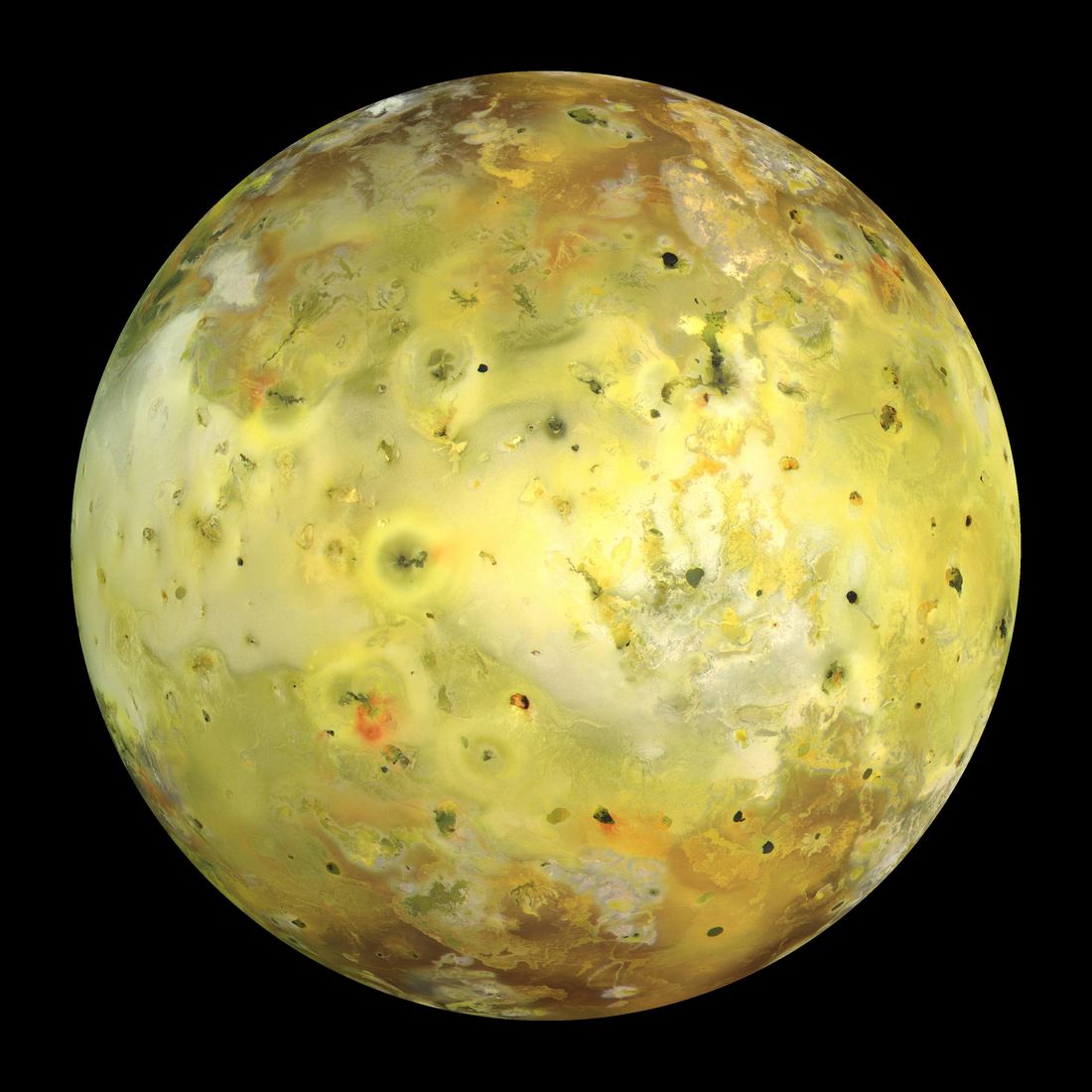 Jupiter's moon Io, a mottled yellow, orange and white globe spotted with dark volcanic features