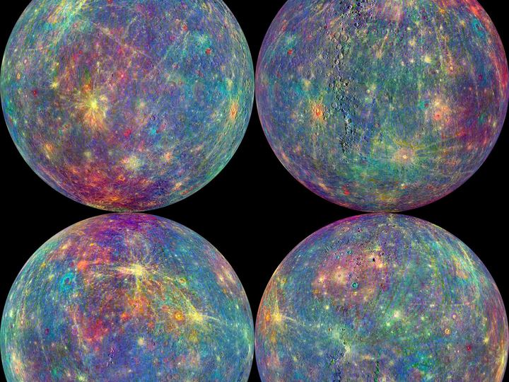 Mercury shown in vivid enhanced colors of blue, tan and orange that reveal differences in its surface rocks