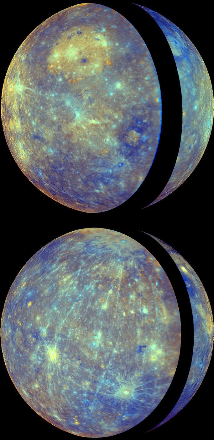 A gray, heavily cratered global view of Mercury assembled from MESSENGER flyby images