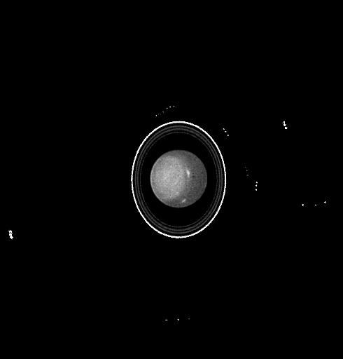 A Hubble image of Uranus surrounded by its thin rings and several small inner moons