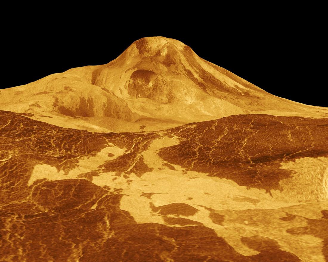A 3D radar perspective of the volcano Maat Mons rising from bright lava plains on Venus