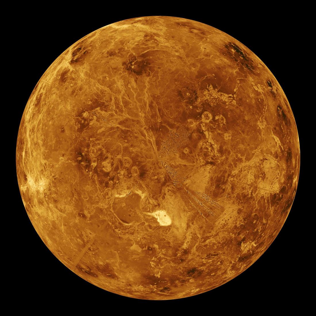 A computer-simulated global radar view of Venus's northern hemisphere in orange and brown tones