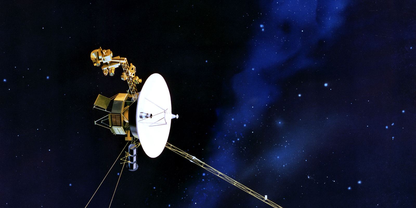 Model of a Voyager spacecraft with its large white dish antenna